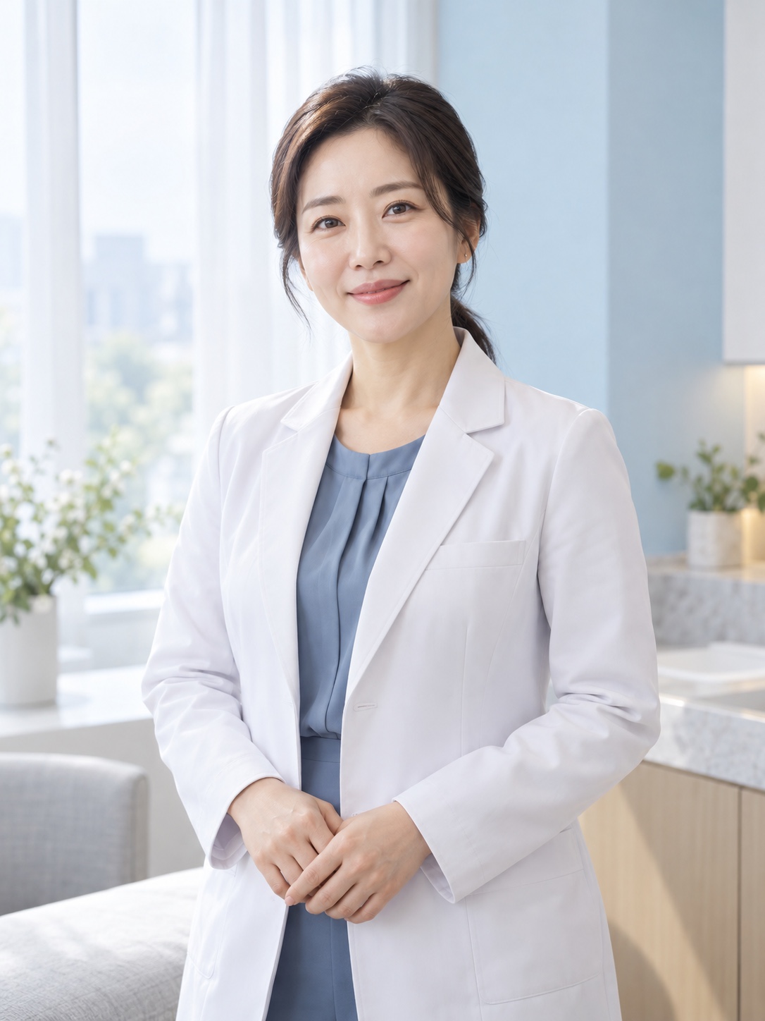 차분한 블루화이트 진료실에 앉은 한국인 여성 원장 · AI 생성 가상 인물