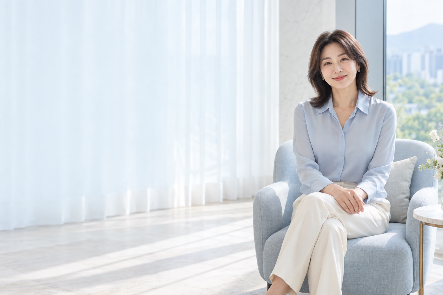 밝은 라운지에서 편안하게 미소 짓는 한국인 성인 여성 · AI 생성 화보