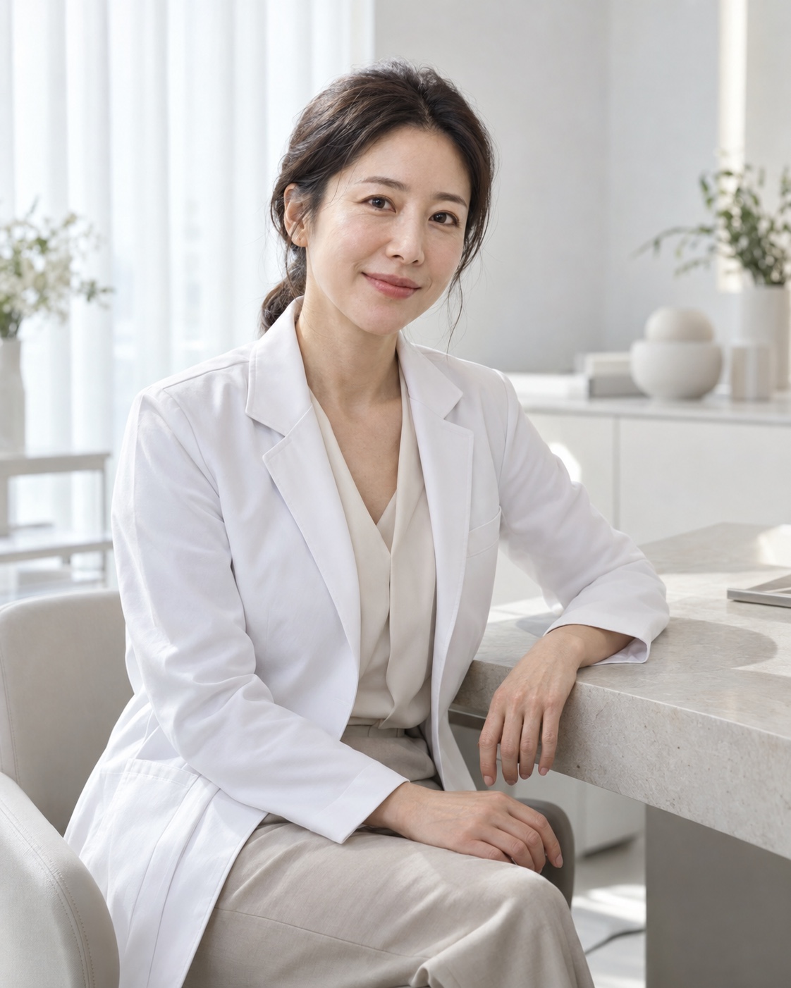 차분하게 미소 짓는 한국인 여성 원장의 가상 프로필 사진 · AI 생성 이미지