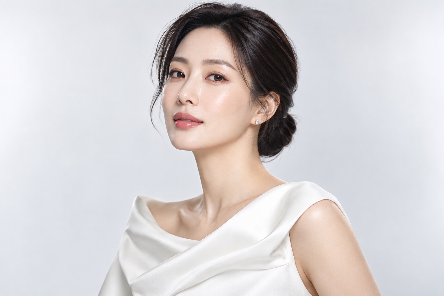 화이트 톤의 한국인 성인 여성 뷰티 화보 · AI 생성 브랜드 이미지