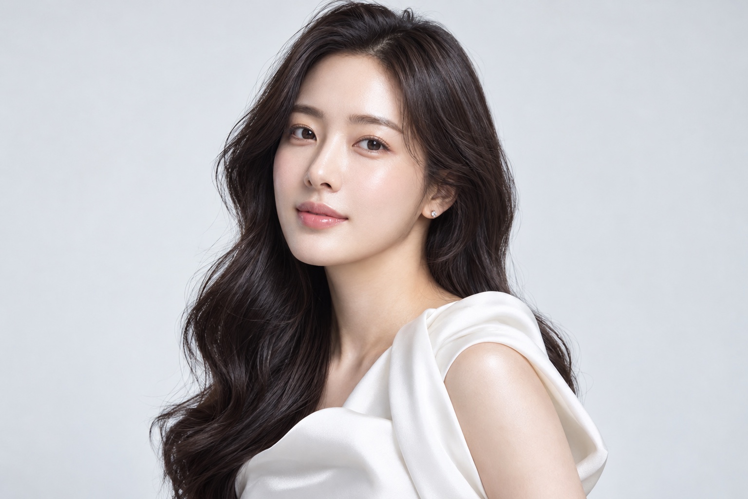 화이트 톤의 한국인 성인 여성 뷰티 화보 · AI 생성 브랜드 이미지
