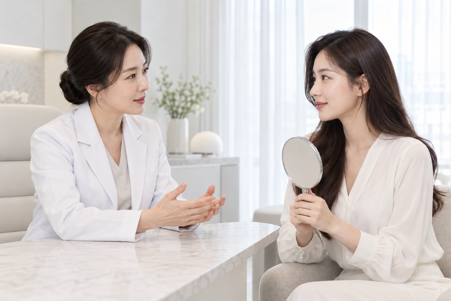 밝은 상담실에서 한국인 여성 의료진과 성인 여성이 이야기를 나누는 가상 장면 · AI 생성 이미지
