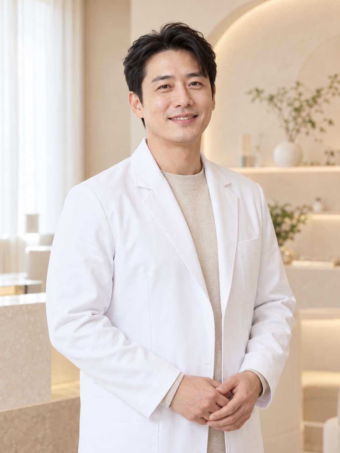 밝은 베이지 진료실의 한국인 남성 원장 가상 프로필 · AI 생성 이미지