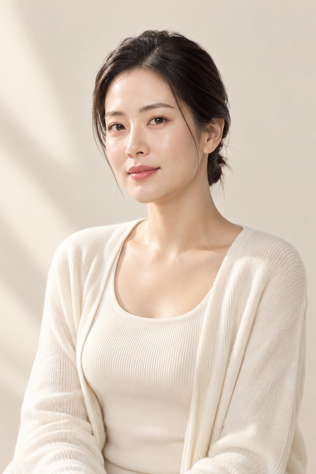크림 의상과 자연스러운 피부결의 한국인 성인 여성 뷰티 화보 · AI 생성 이미지