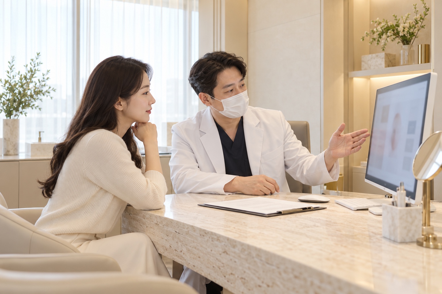 밝은 상담실에서 한국인 남성 의료진과 성인 여성이 이야기를 나누는 가상 장면 · AI 생성 이미지